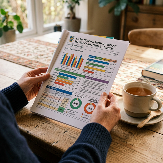 A parent reviewing a detailed school report card at home
